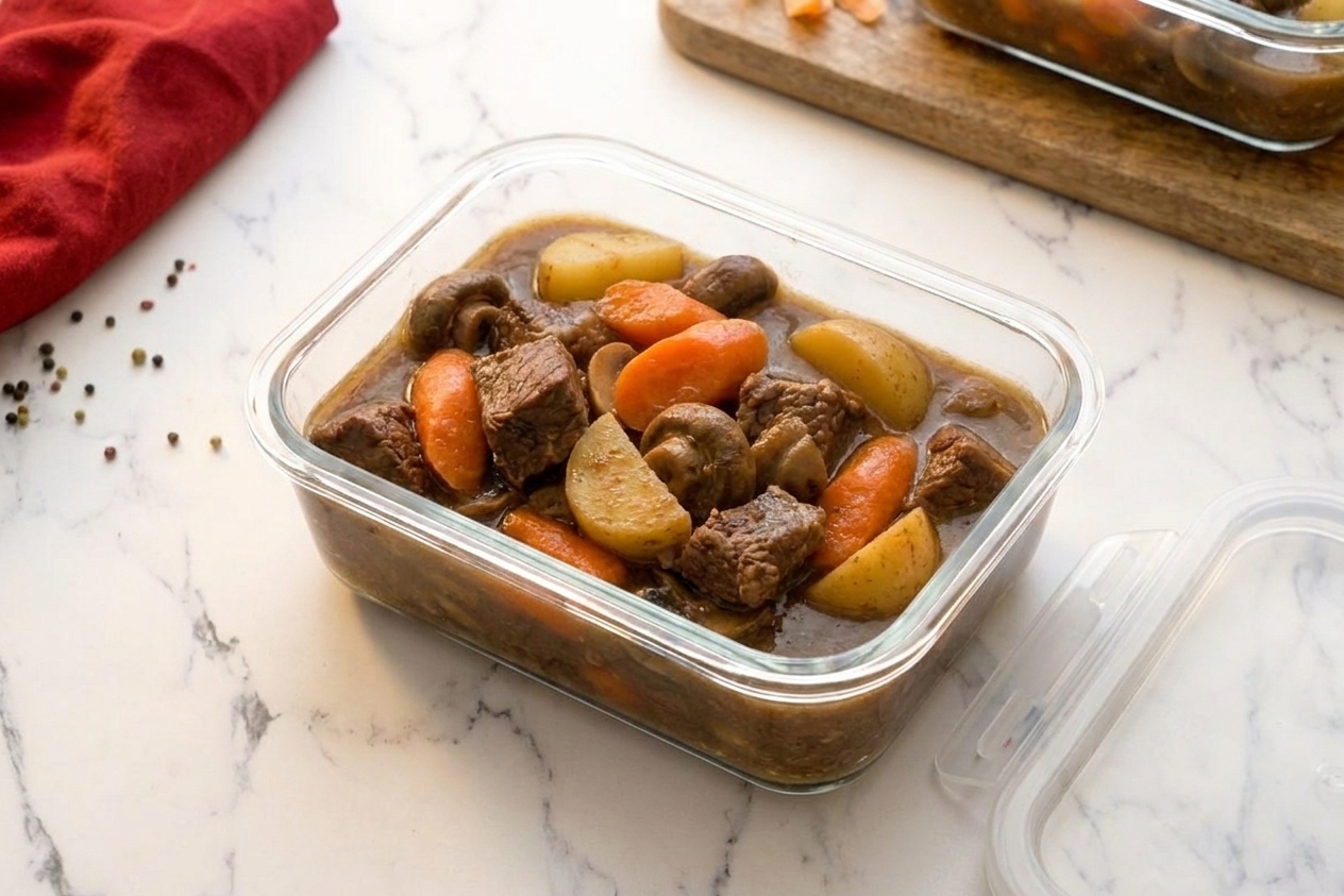 A glass meal prep container filled with leftover beef stew with visible beef chunks, carrots, and potatoes, sitting on a kitchen counter with the lid nearby