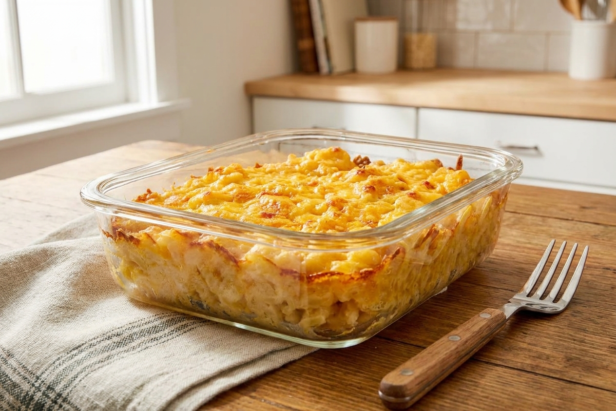 A glass meal prep container filled with leftover baked mac and cheese on a kitchen counter, with a fork nearby and a soft window light