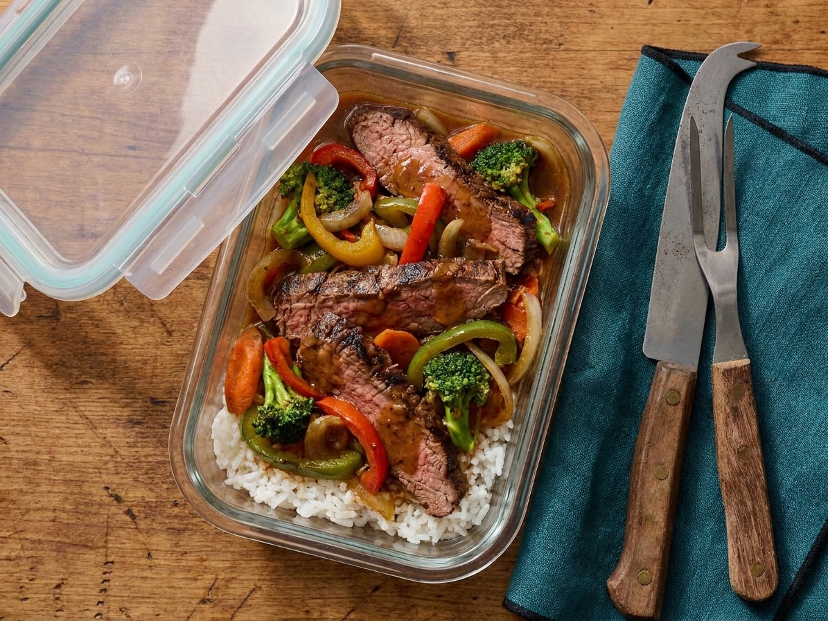 A glass meal prep container filled with leftover beef stir fry and rice, placed on a kitchen counter with the lid nearby