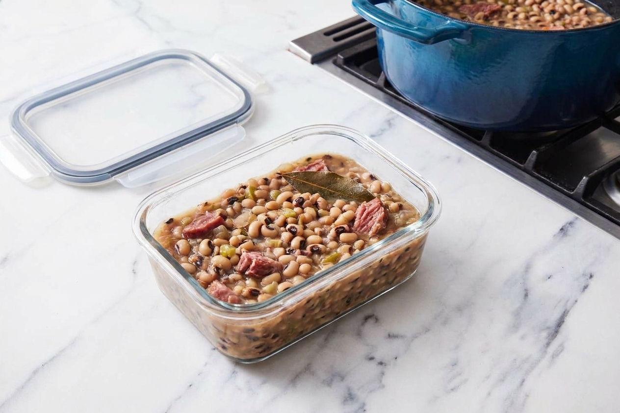 A glass meal-prep container filled with leftover black-eyed peas on a kitchen counter with a lid set beside it