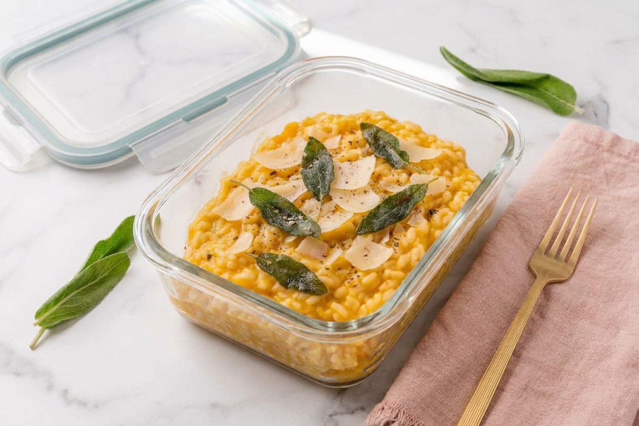 A glass meal prep container filled with leftover butternut squash risotto, lid set beside it on a kitchen counter