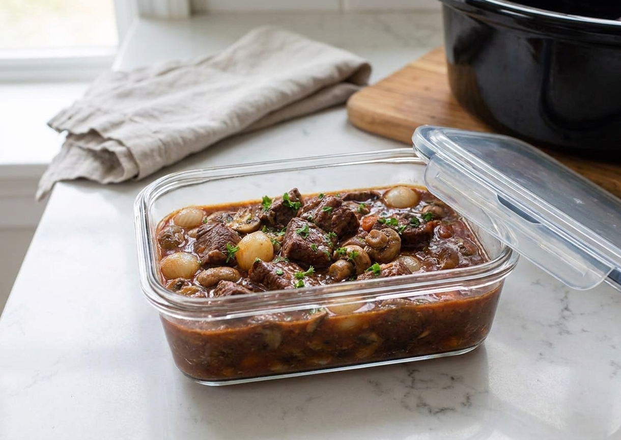 A glass meal prep container filled with leftover boeuf bourguignon, cooled and ready to refrigerate on a kitchen counter