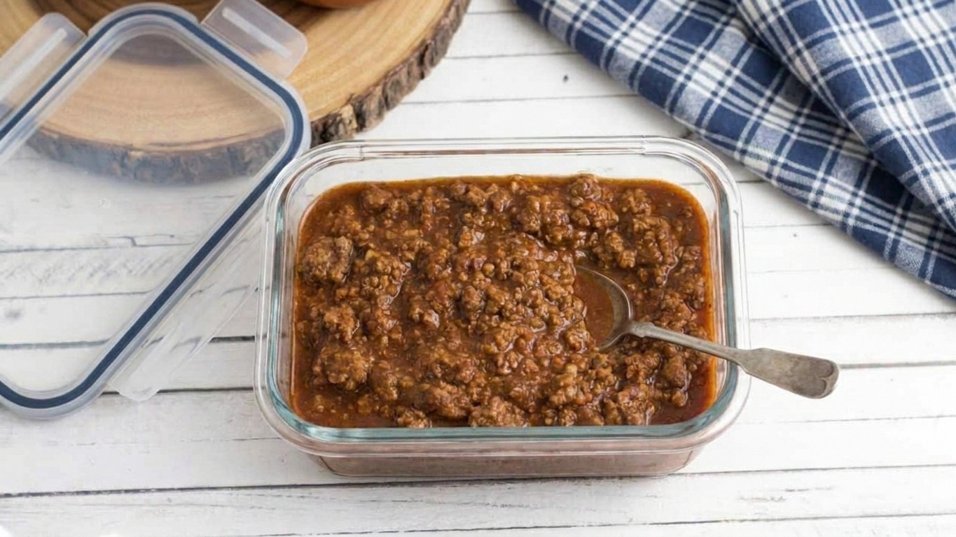 A glass meal prep container filled with leftover beanless chili with the lid beside it on a kitchen counter