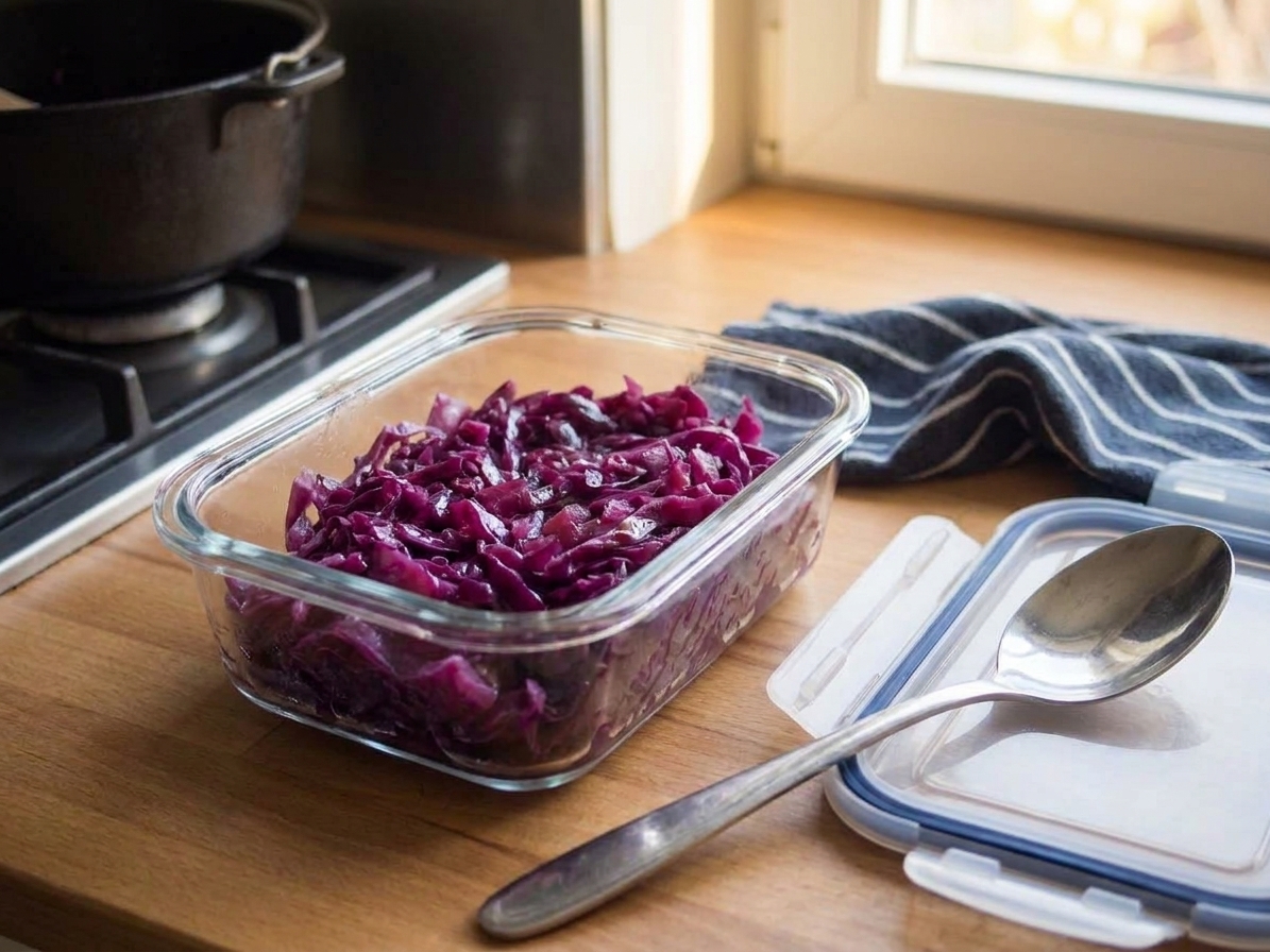 A glass meal prep container filled with leftover braised red cabbage on a kitchen counter next to a lid and spoon