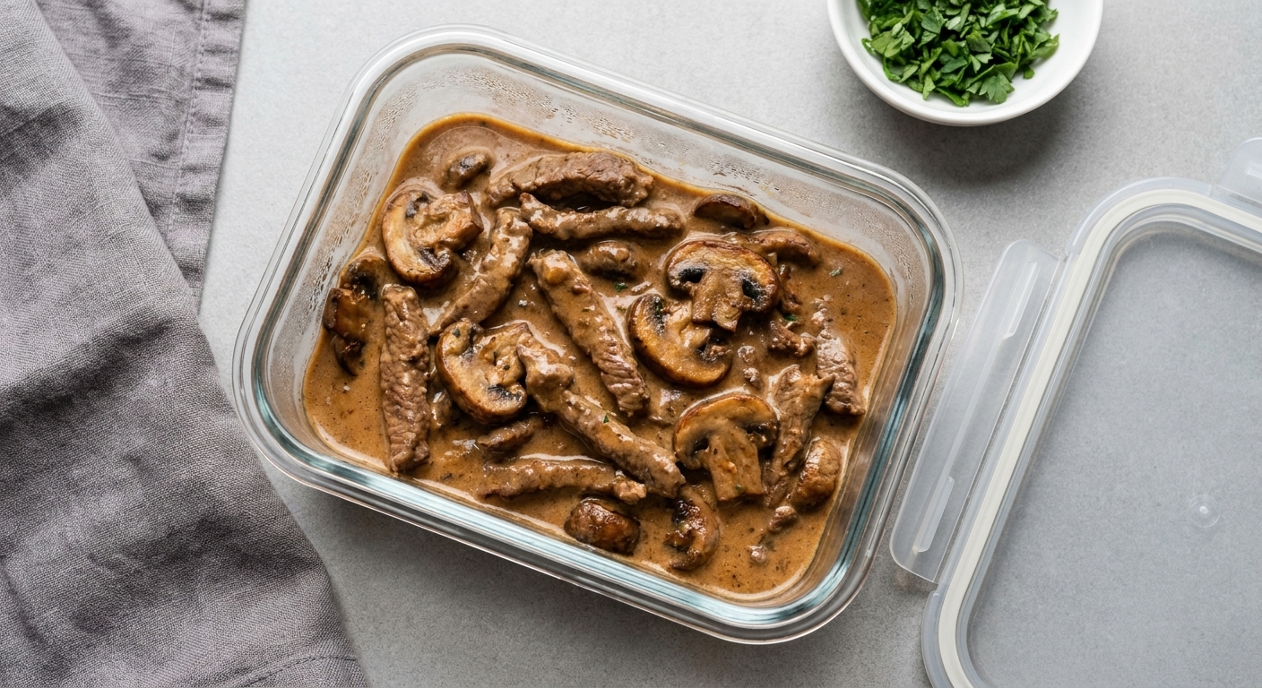 A glass meal prep container filled with leftover beef stroganoff sauce and mushrooms, lid beside it on a kitchen counter