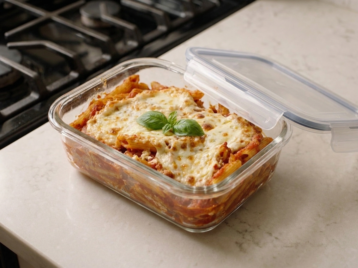 A glass meal prep container filled with leftover baked ziti and melted cheese sitting on a kitchen counter with the lid nearby