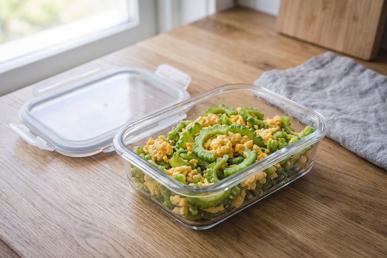 A glass meal prep container filled with leftover bitter melon stir-fry on a kitchen counter next to its lid