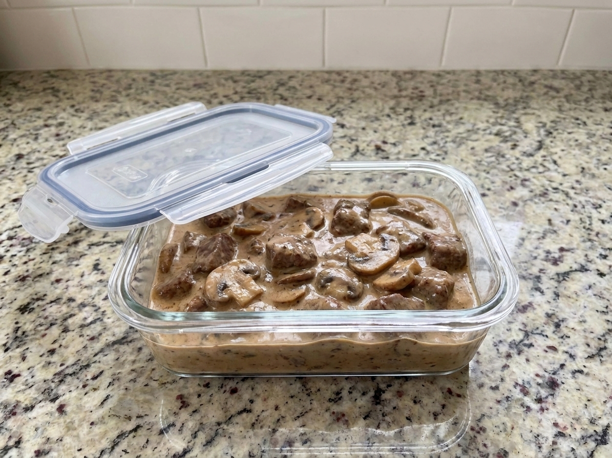 A glass meal prep container filled with leftover beef stroganoff and mushrooms, lid set beside it on a kitchen counter