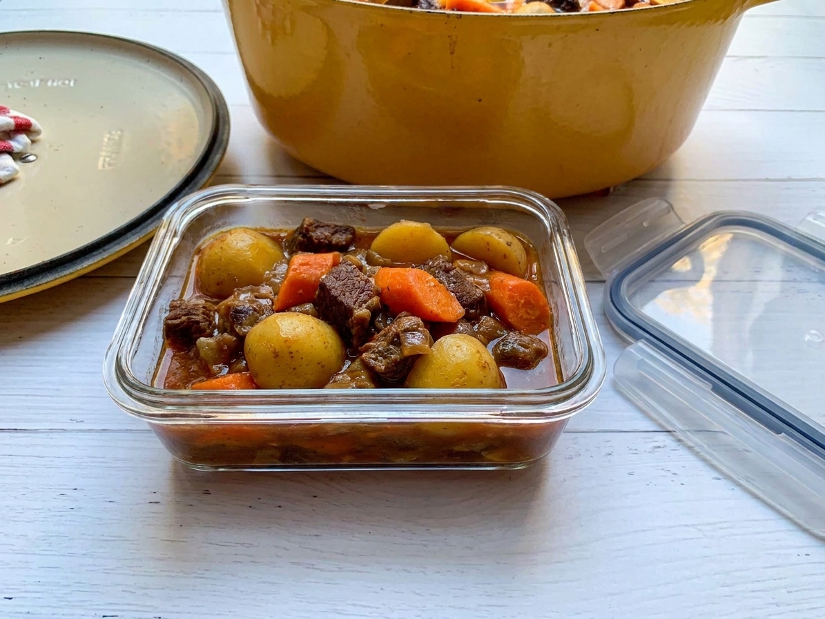 A glass meal prep container filled with leftover beef stew on a kitchen counter with a lid nearby
