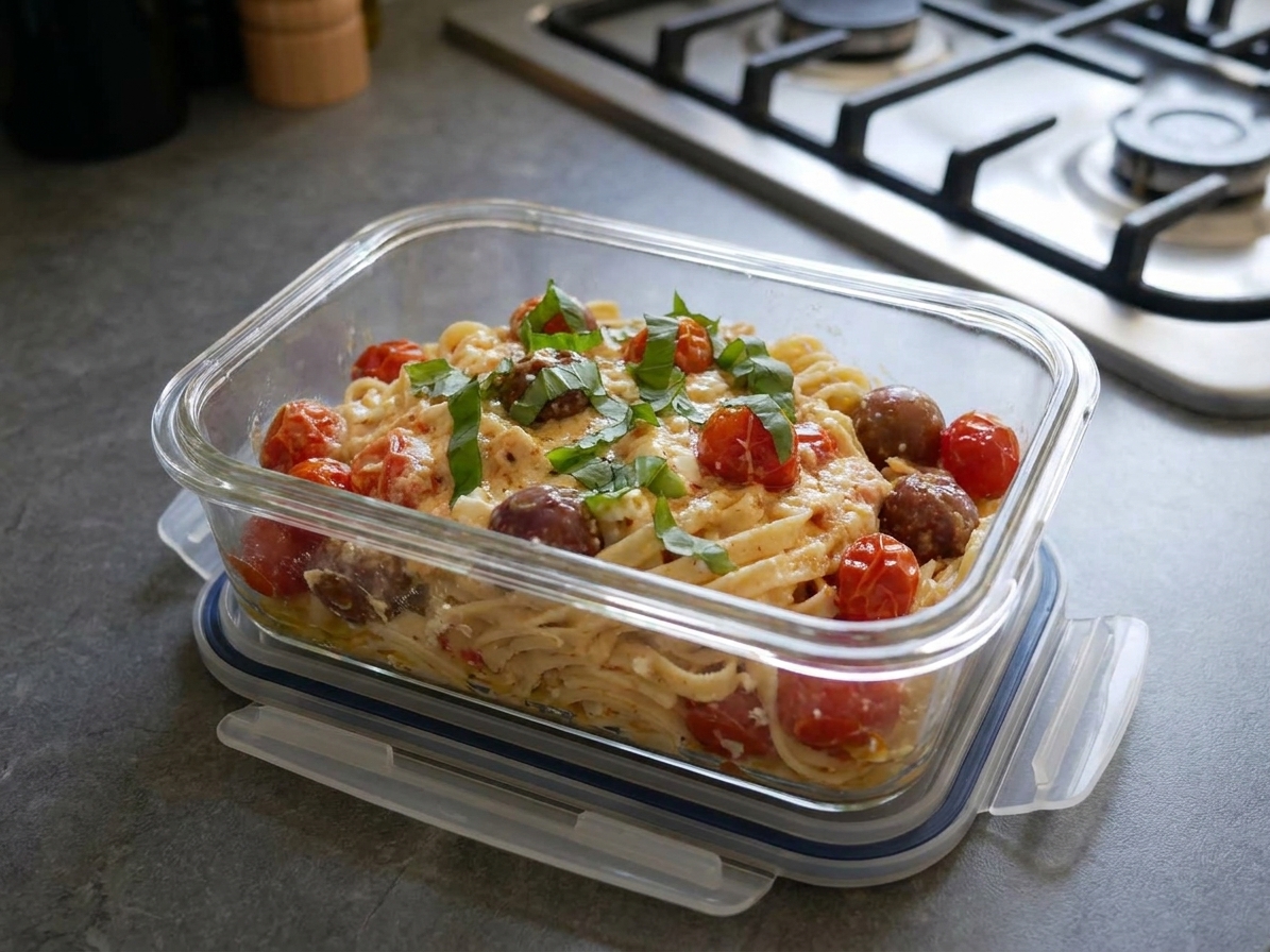 A glass meal prep container filled with leftover baked feta pasta, sealed with a lid on a kitchen counter