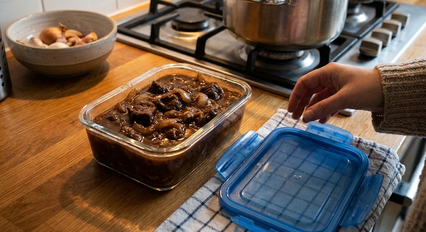 A glass meal prep container filled with leftover beef and onion stew in dark gravy, with a tight-fitting lid beside it on a clean counter