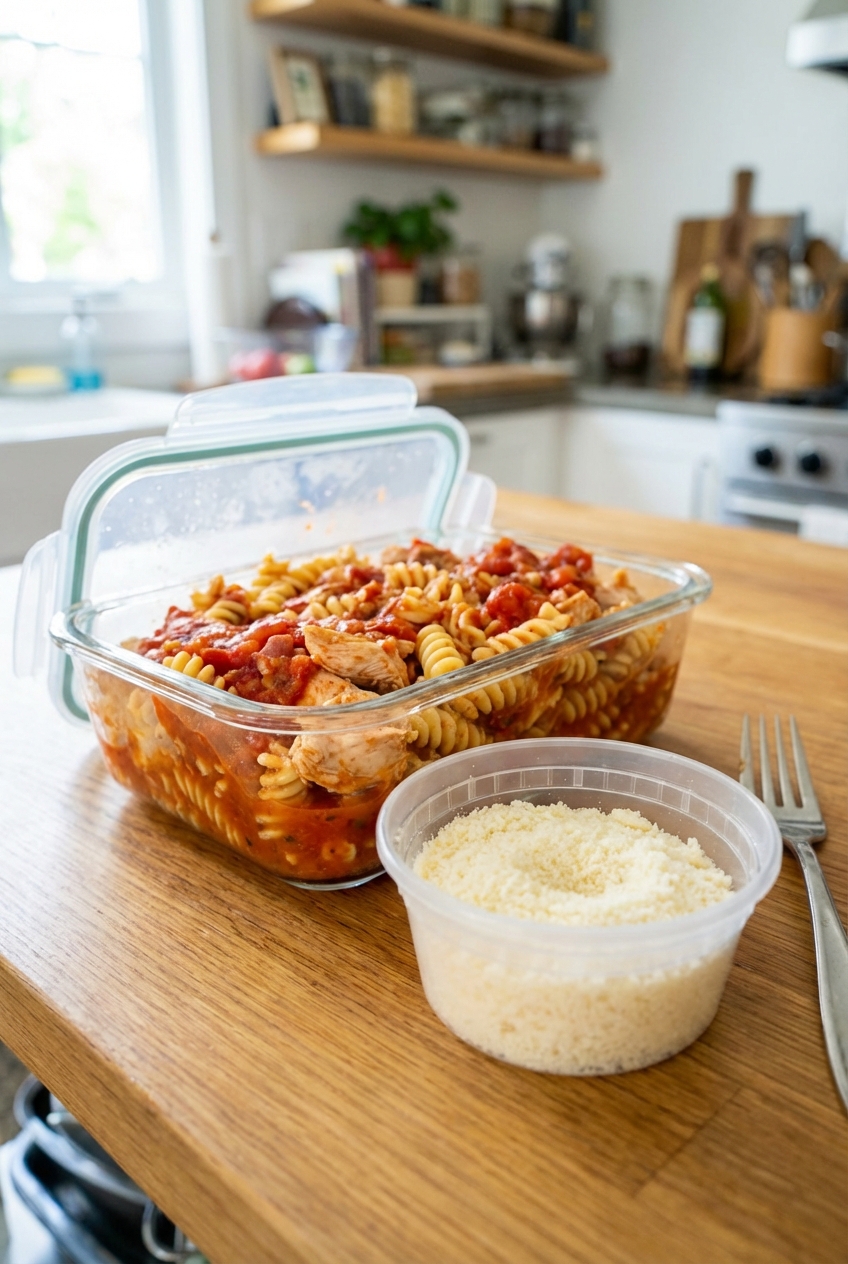 A glass meal prep container filled with leftover chicken tomato pasta, lid off, sitting next to a small container of grated Parmesan