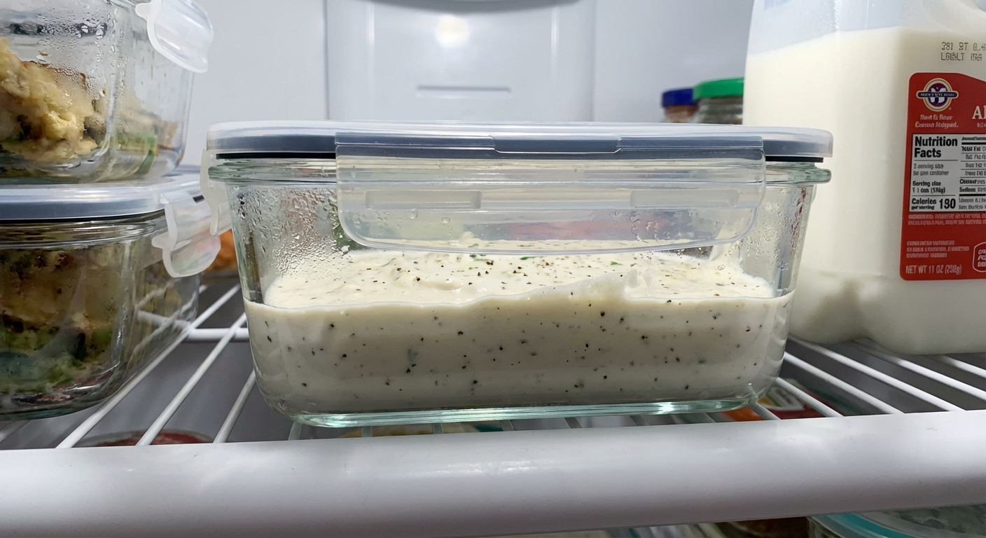 A glass meal prep container filled with leftover creamy Alfredo sauce in a refrigerator