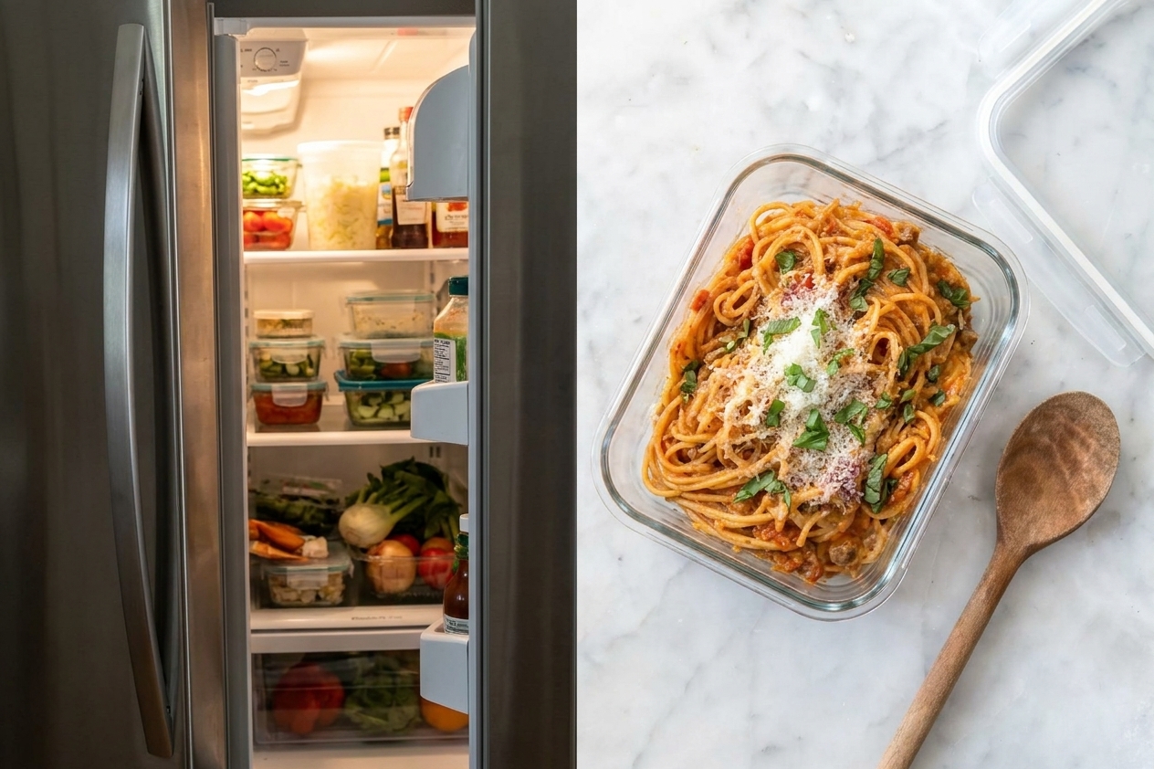 A glass meal prep container filled with leftover creamy tomato pasta sitting on a kitchen counter near an open refrigerator