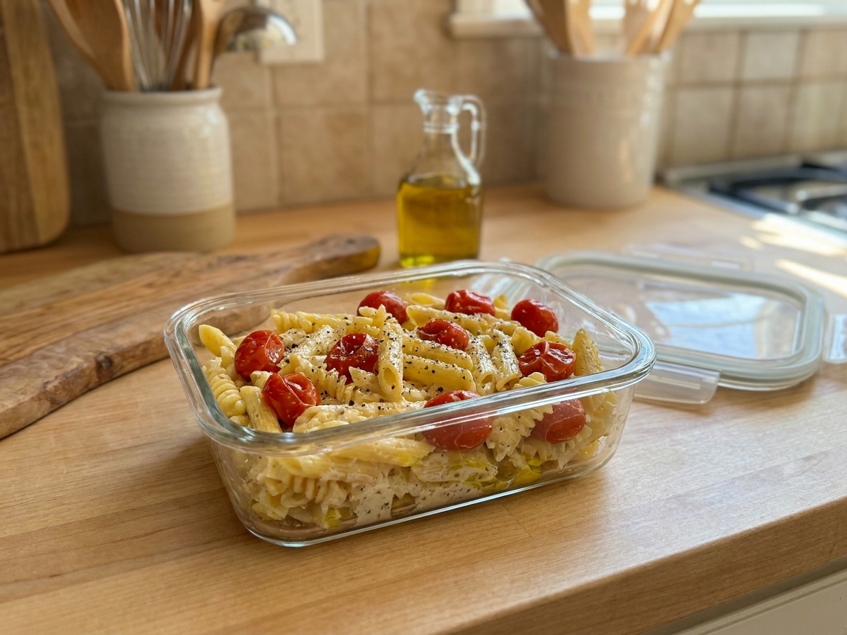 A glass meal prep container filled with leftover creamy Boursin pasta and burst tomatoes on a kitchen counter with a lid beside it