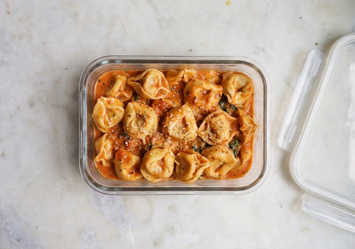 A glass meal prep container filled with leftover cheese tortellini in tomato cream sauce, resting on a kitchen counter