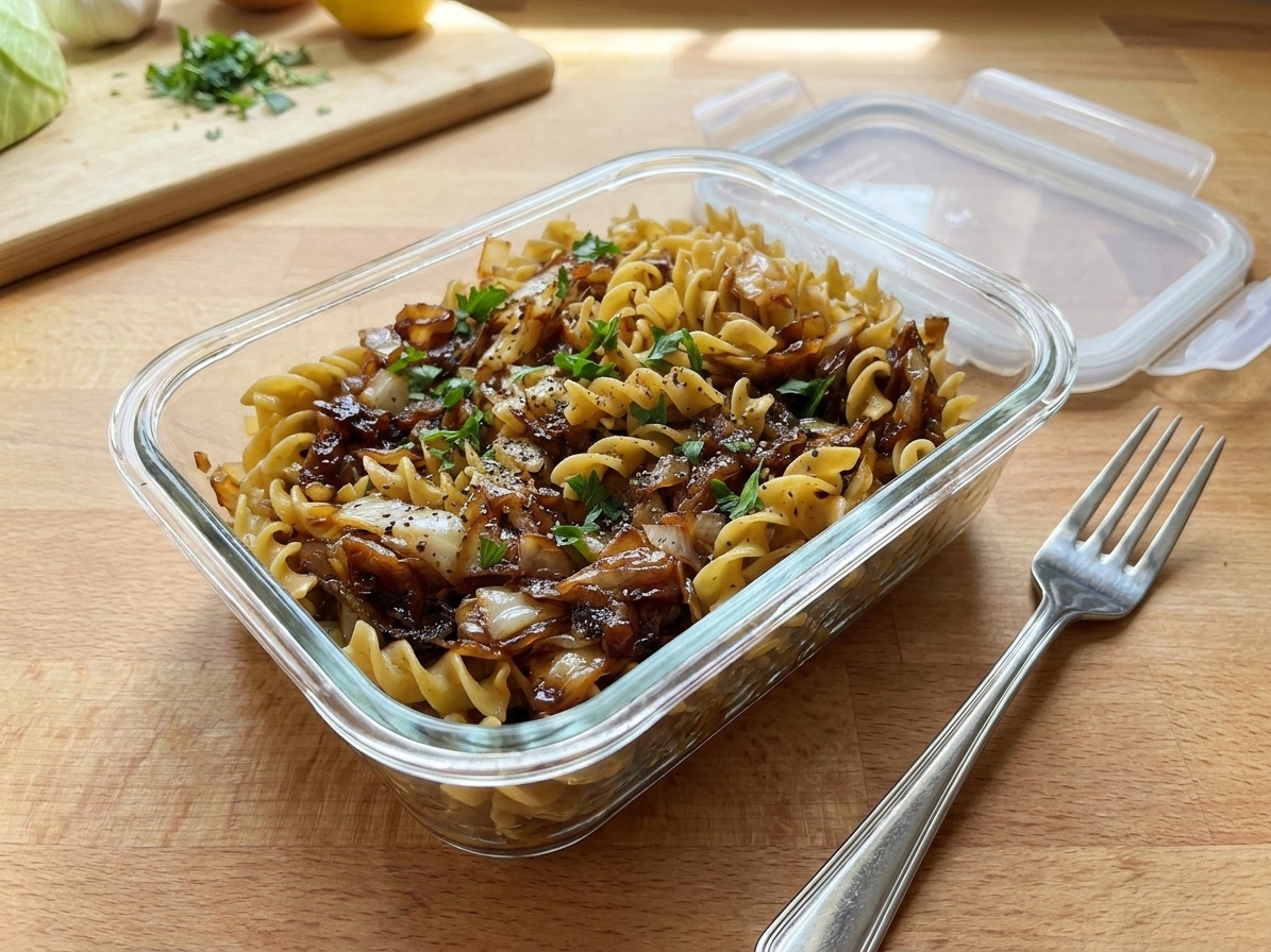 A glass meal prep container filled with leftover cabbage and noodles on a kitchen counter next to a fork and lid