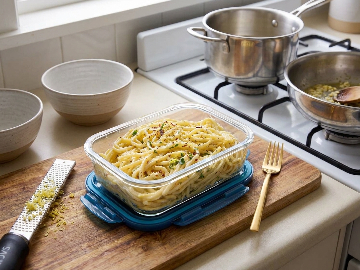 A glass meal prep container filled with leftover creamy lemon pasta in a home kitchen setting