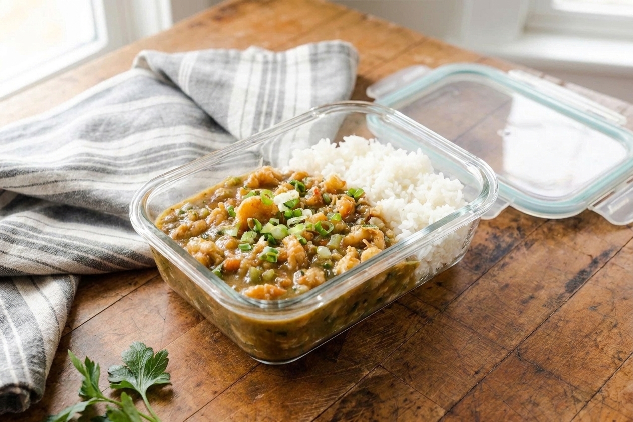 A glass meal prep container filled with leftover crawfish étouffée, with the lid set beside it on a clean kitchen counter
