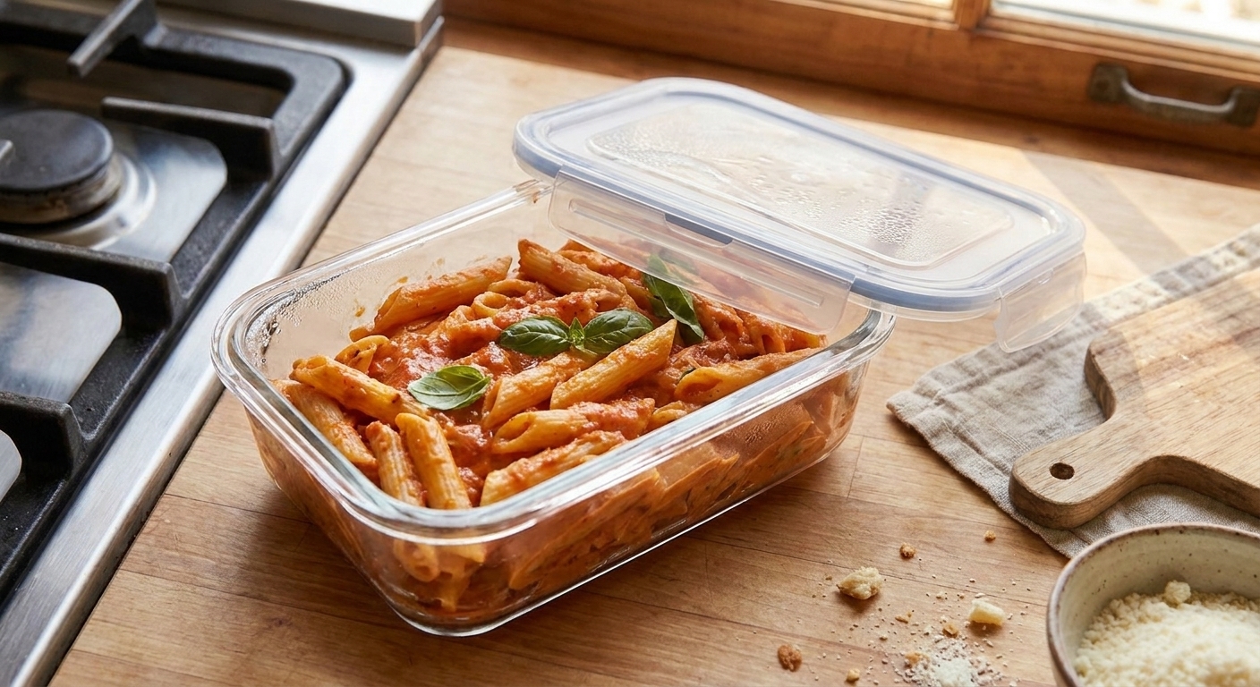 A glass meal prep container filled with leftover creamy tomato penne with a snapped-on lid on a kitchen counter
