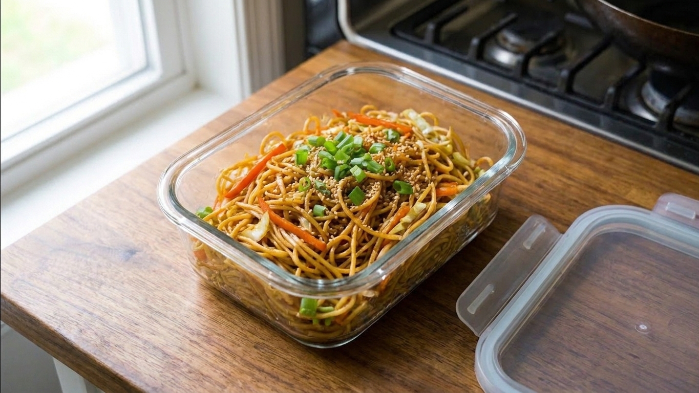 A glass meal prep container filled with leftover chaomin noodles and vegetables on a kitchen counter with the lid set beside it