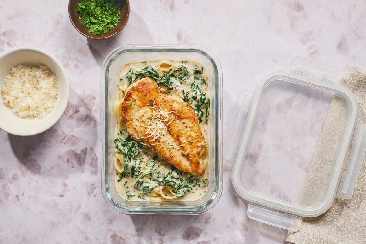 A glass meal prep container filled with leftover chicken Florentine and creamy spinach sauce sitting on a kitchen counter next to a lid