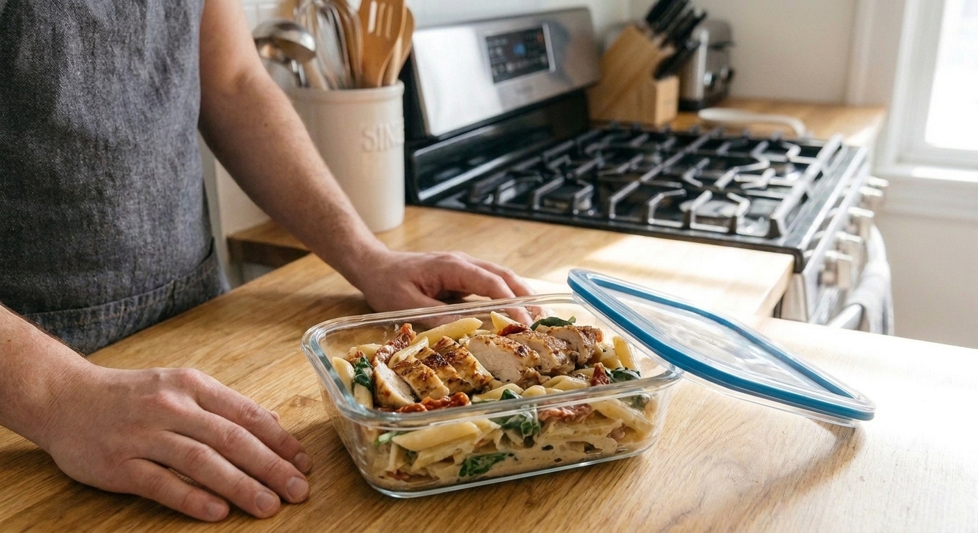 A glass meal prep container filled with leftover creamy chicken pasta on a kitchen counter with a lid set nearby
