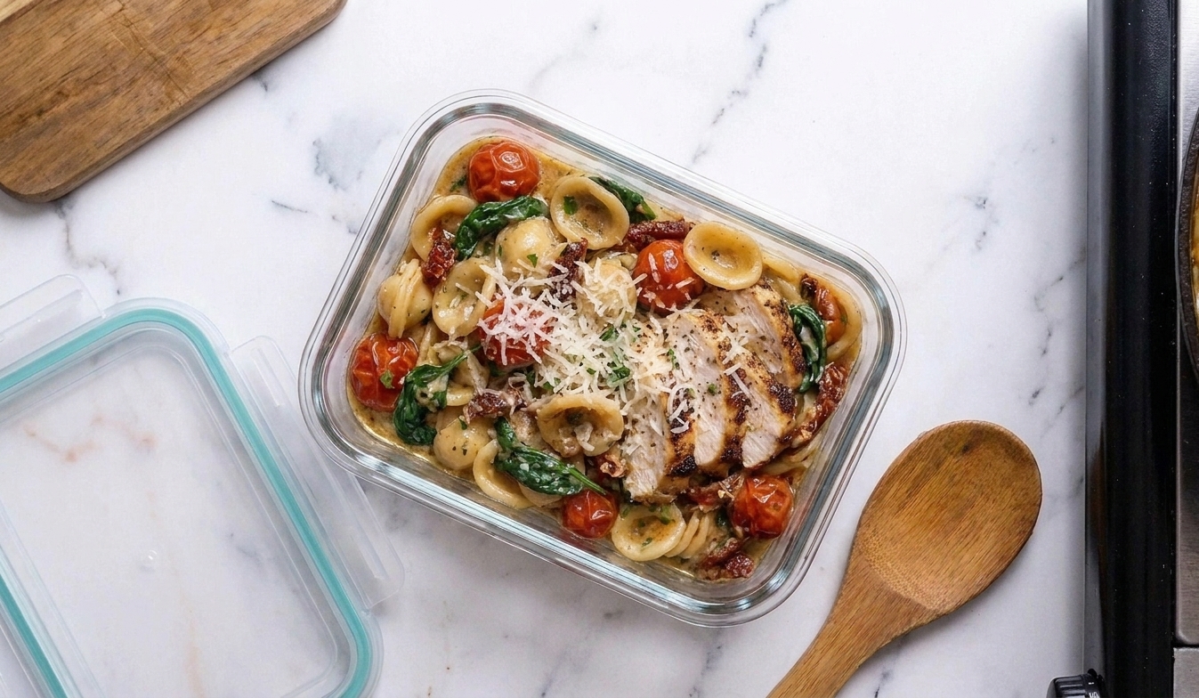 A glass meal prep container filled with leftover creamy chicken pasta, lid off on a kitchen counter with a spoon nearby