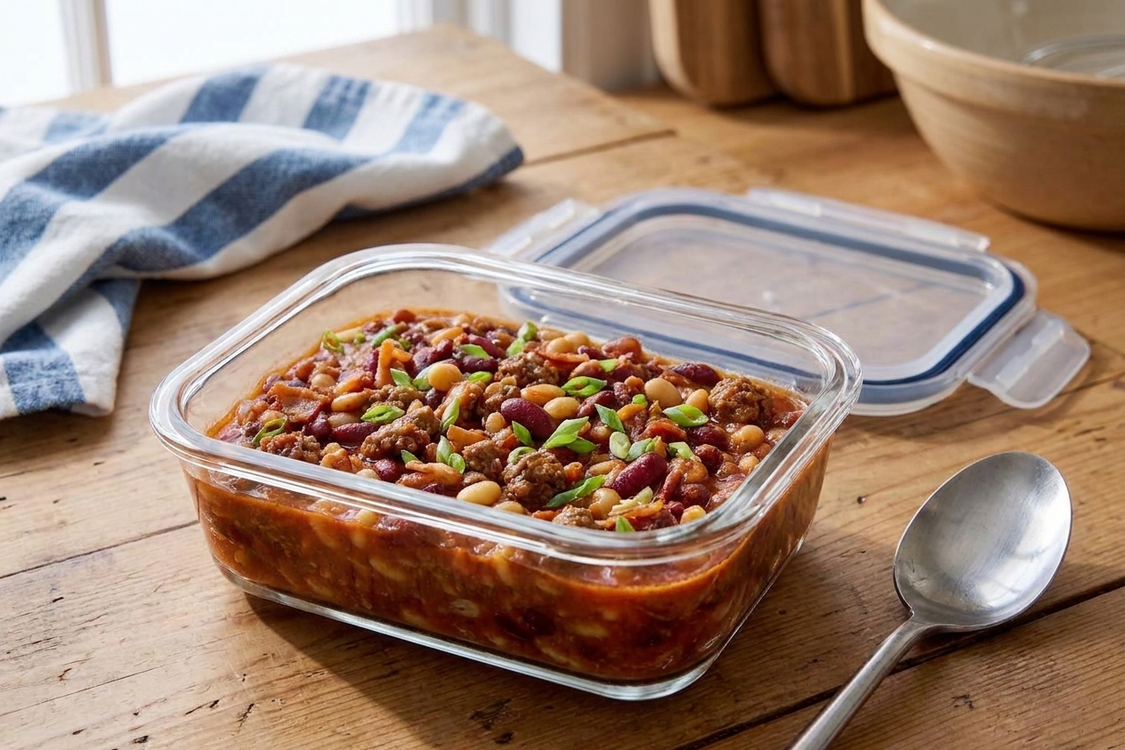 A glass meal prep container filled with leftover calico beans, lid off, on a kitchen counter next to a spoon