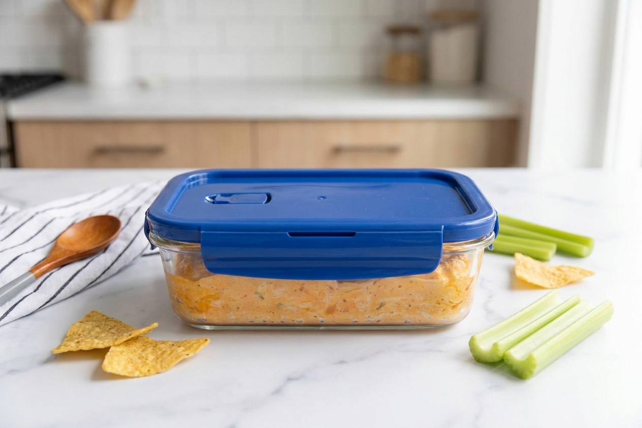 A glass meal prep container filled with leftover chicken wing dip with a snapped-on lid resting on a kitchen counter