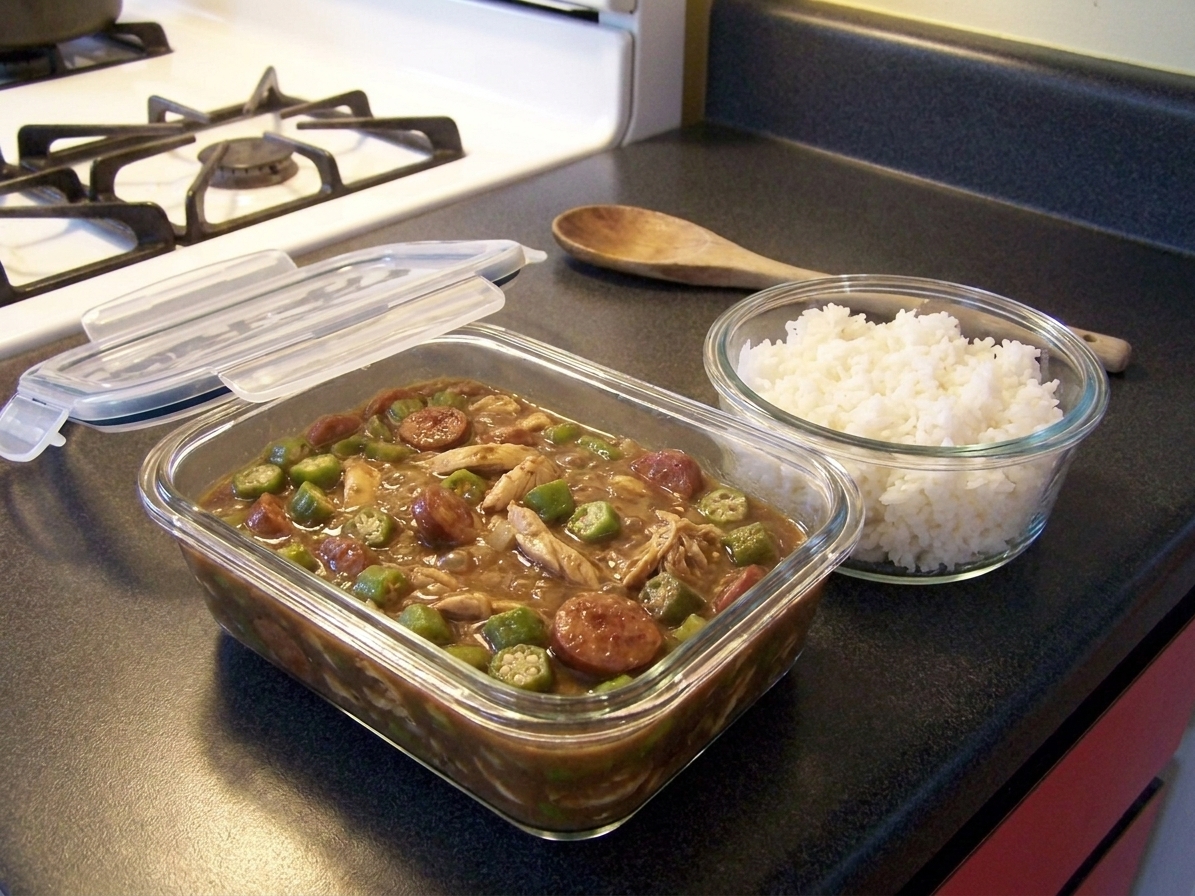 A glass meal prep container filled with leftover chicken and sausage gumbo on a kitchen counter, with a separate container of cooked white rice beside it