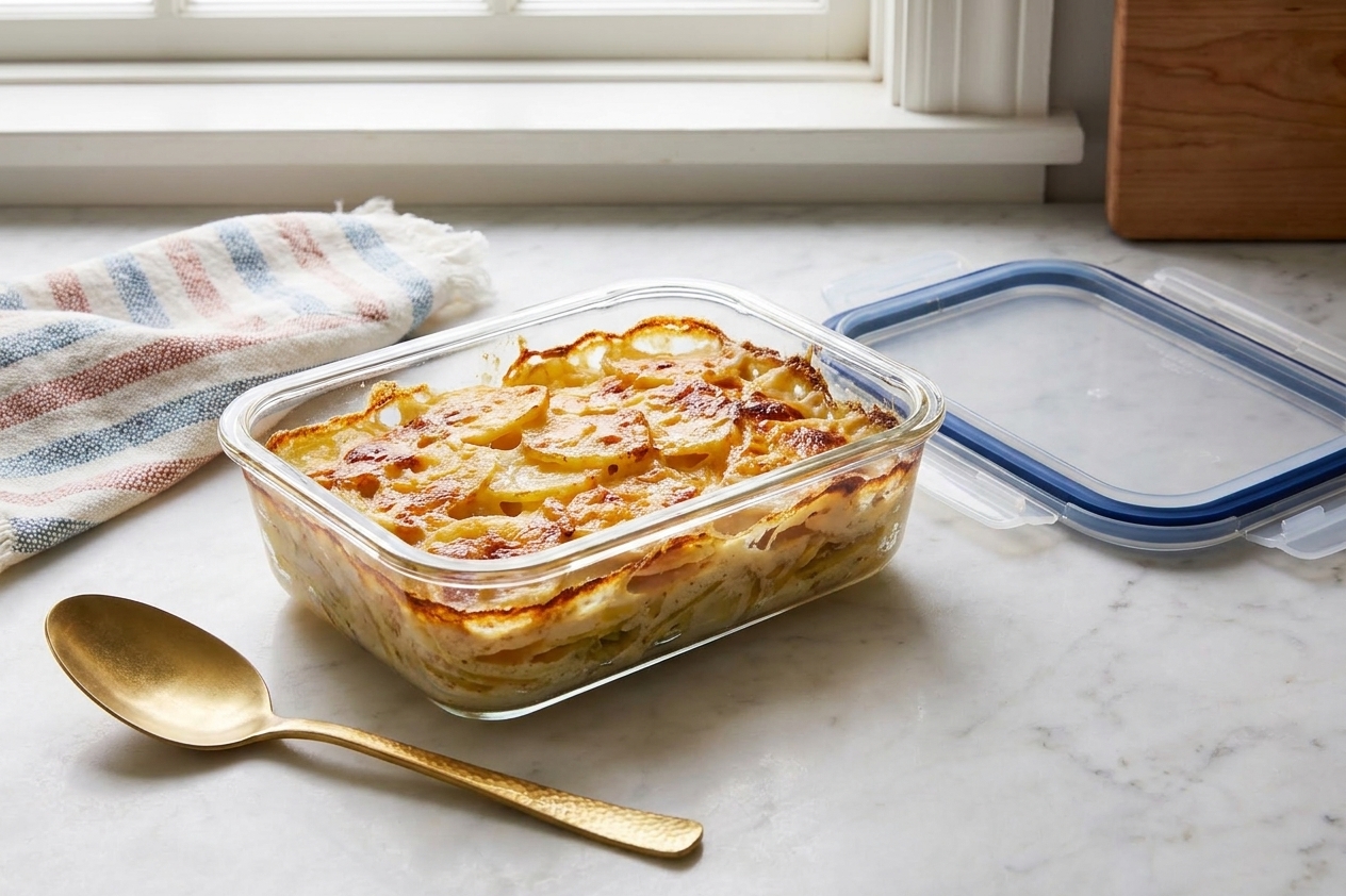 A glass meal prep container filled with leftover cheesy scalloped potatoes sitting on a kitchen counter with the lid beside it