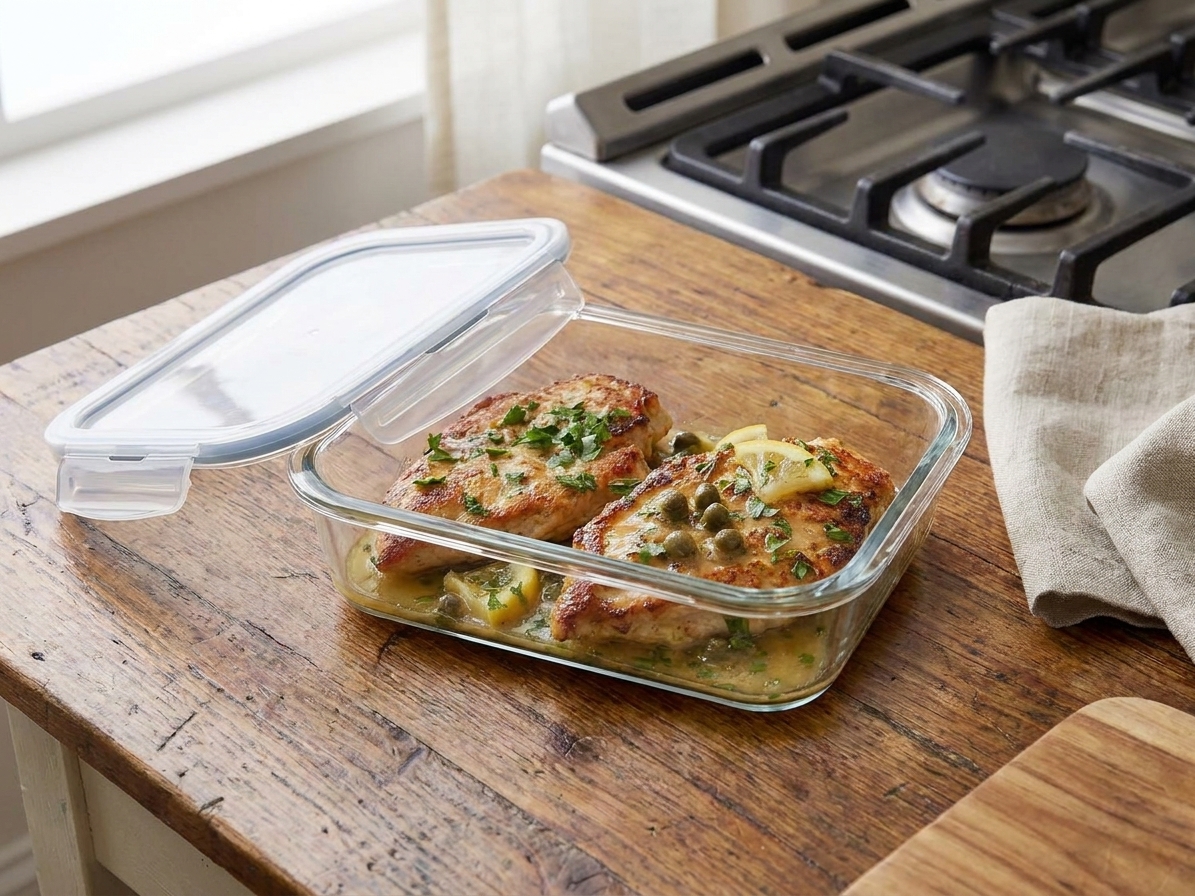 A glass meal prep container filled with leftover chicken piccata and lemon caper sauce, lid set beside it on a kitchen counter