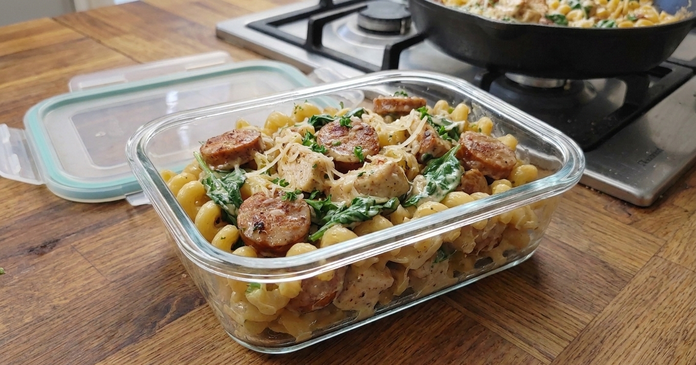 A glass meal prep container filled with leftover creamy turkey sausage pasta on a kitchen counter with the lid beside it