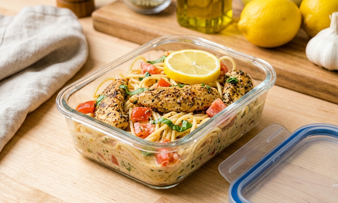 A glass meal prep container filled with leftover creamy lemon herb chicken pasta, lid beside it on a kitchen counter