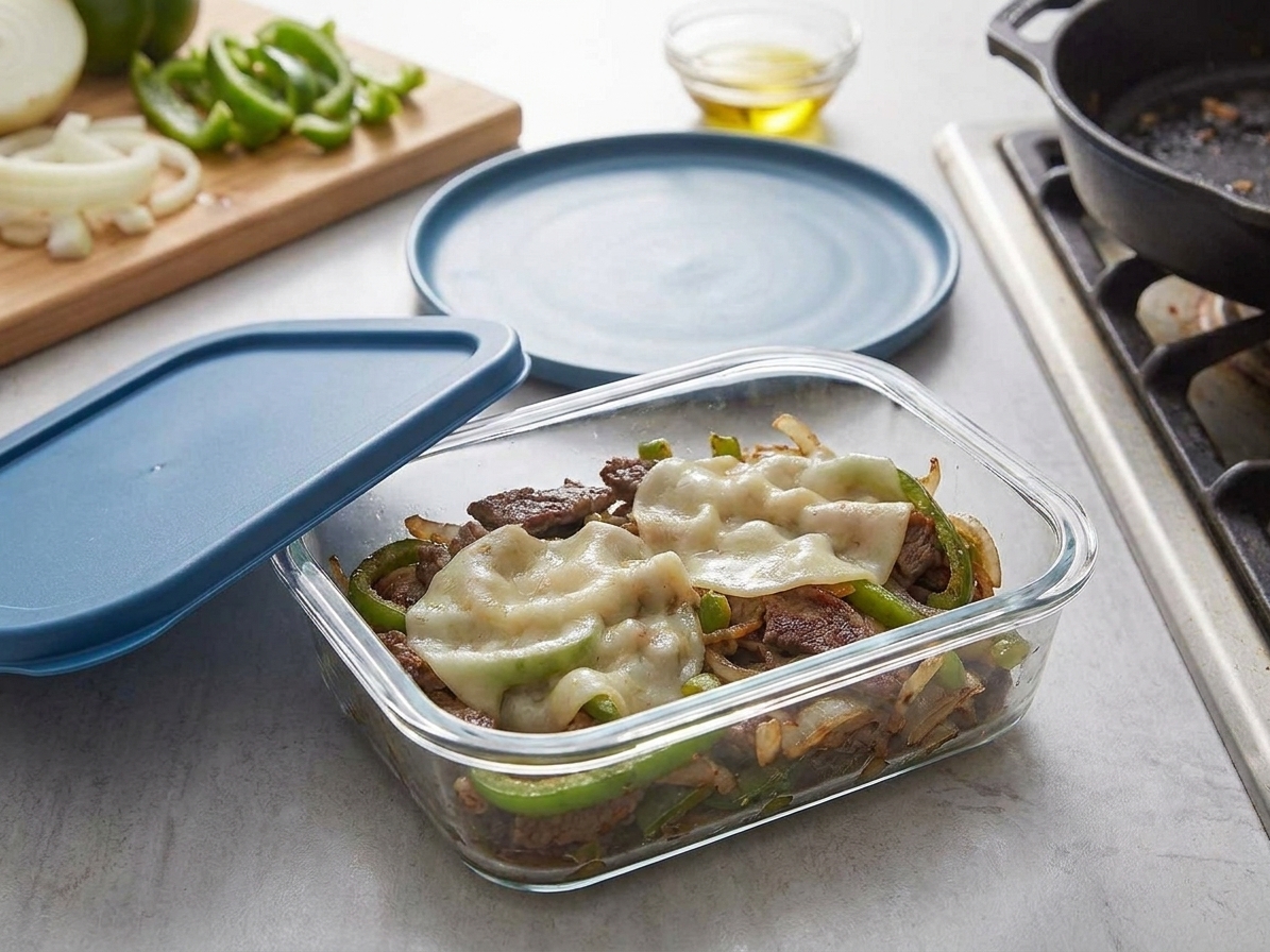 A glass meal prep container filled with leftover cheesesteak meat and onions, with provolone on top, sitting on a kitchen counter next to a lidded container