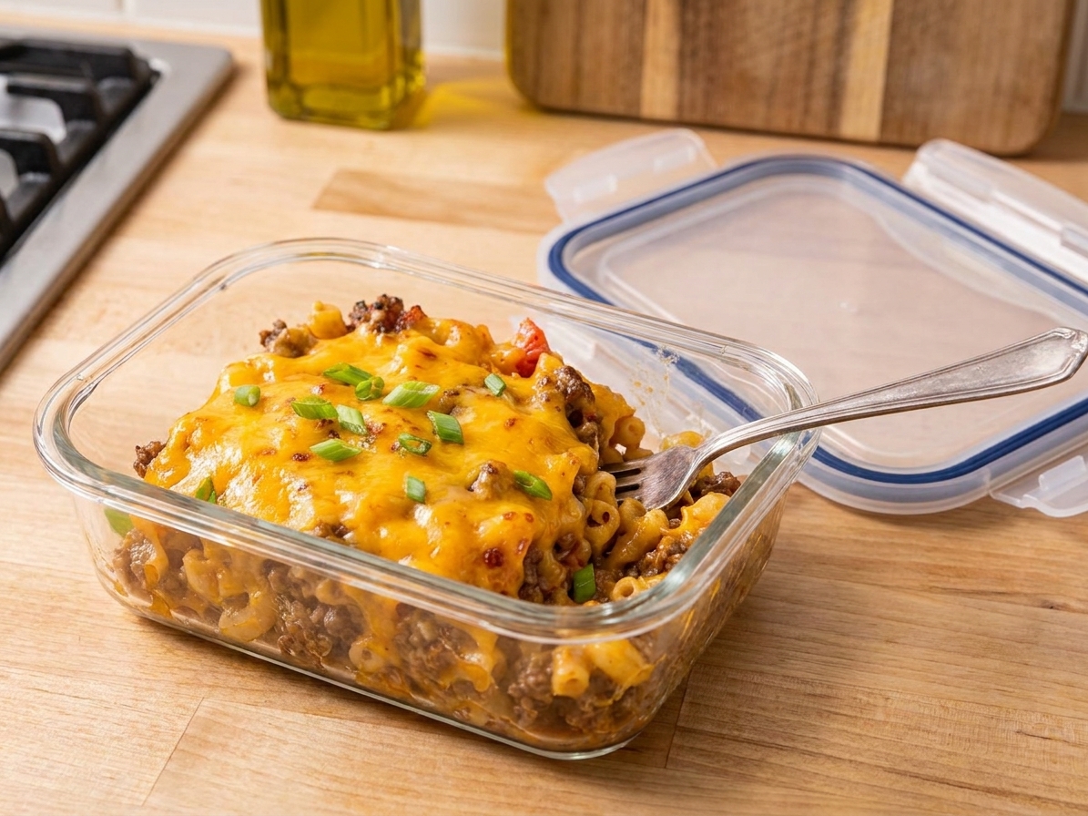 A glass meal prep container filled with leftover cheeseburger casserole, topped with melted cheddar, sitting on a kitchen counter next to a lid