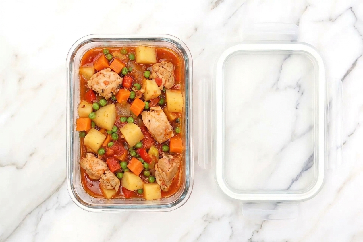 A glass meal prep container filled with leftover chicken afritada, showing tomato sauce, chicken pieces, and vegetables, sitting on a kitchen counter next to a lid