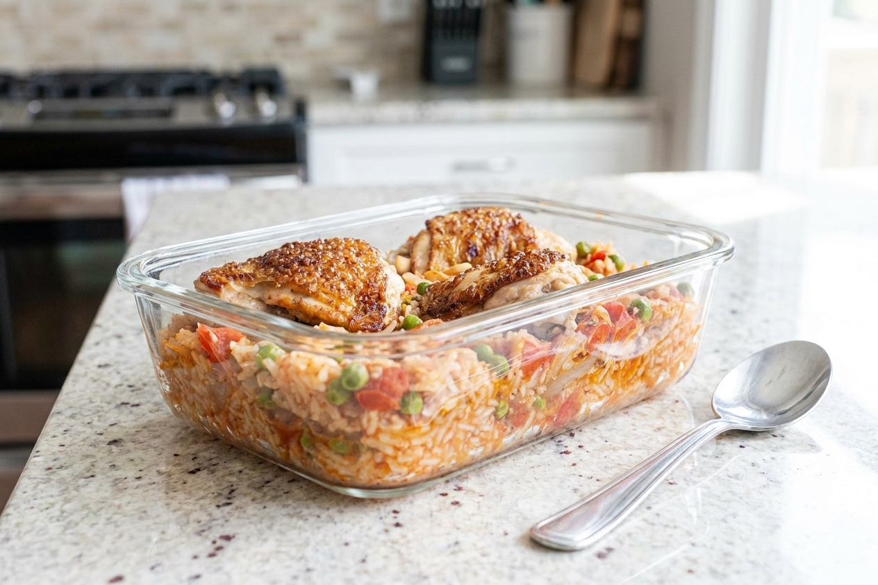 A glass meal prep container filled with leftover chicken and rice with a spoon beside it on a kitchen counter
