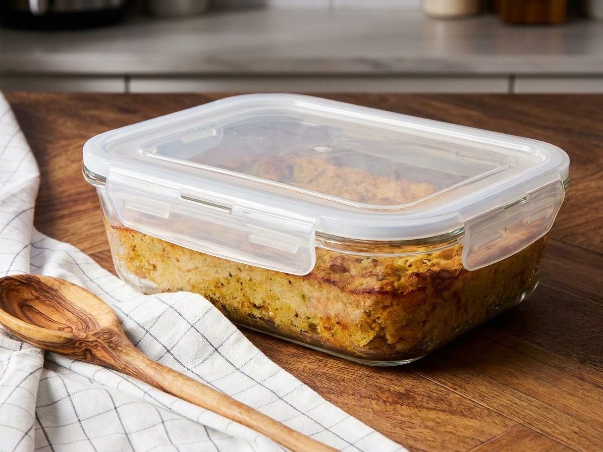 A glass meal prep container filled with leftover chicken dressing, covered with a lid, sitting on a kitchen counter next to a serving spoon