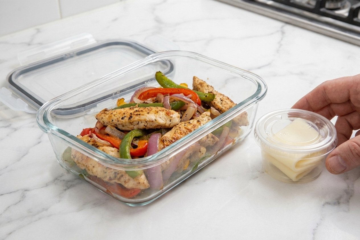 A glass meal prep container filled with leftover chicken, peppers, and onions next to a small container of sliced provolone