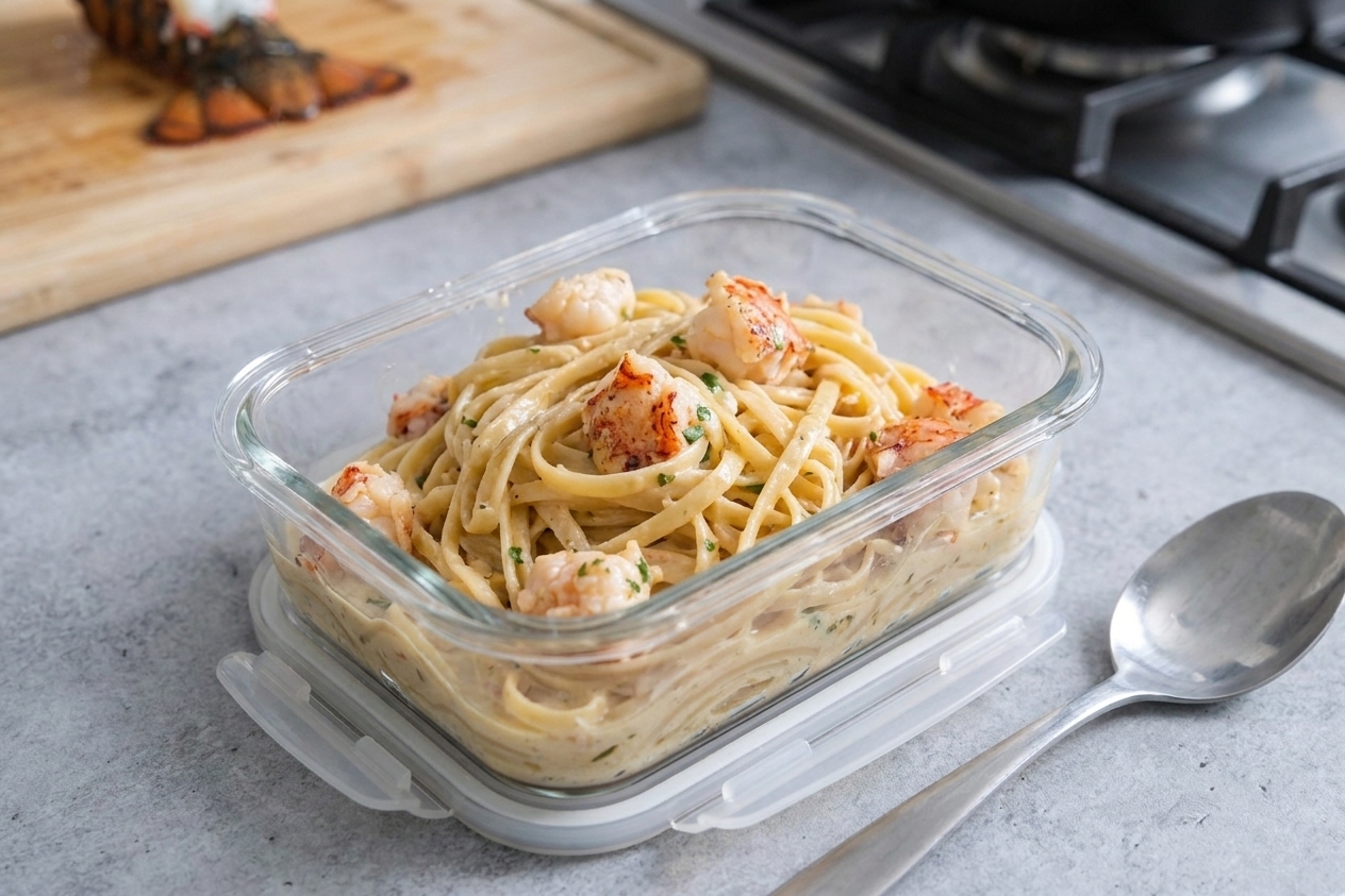 A glass meal prep container filled with leftover creamy lobster pasta and lobster pieces, covered and set on a kitchen counter next to a spoon