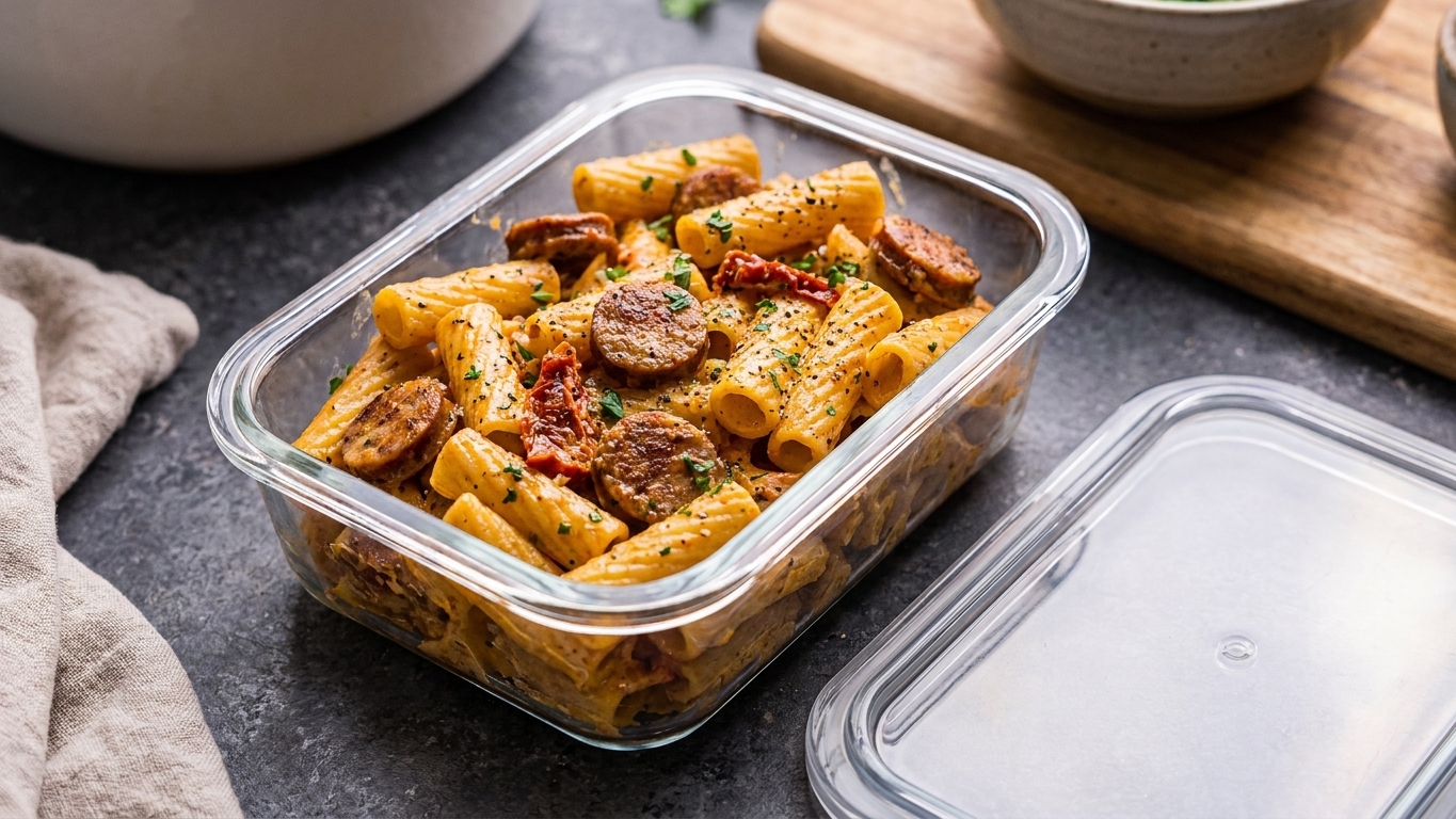 A glass meal prep container filled with leftover creamy sausage pasta on a kitchen counter with the lid set beside it