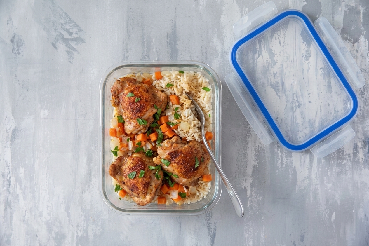 A glass meal prep container filled with leftover chicken and rice, lid set next to it on a kitchen counter, natural light
