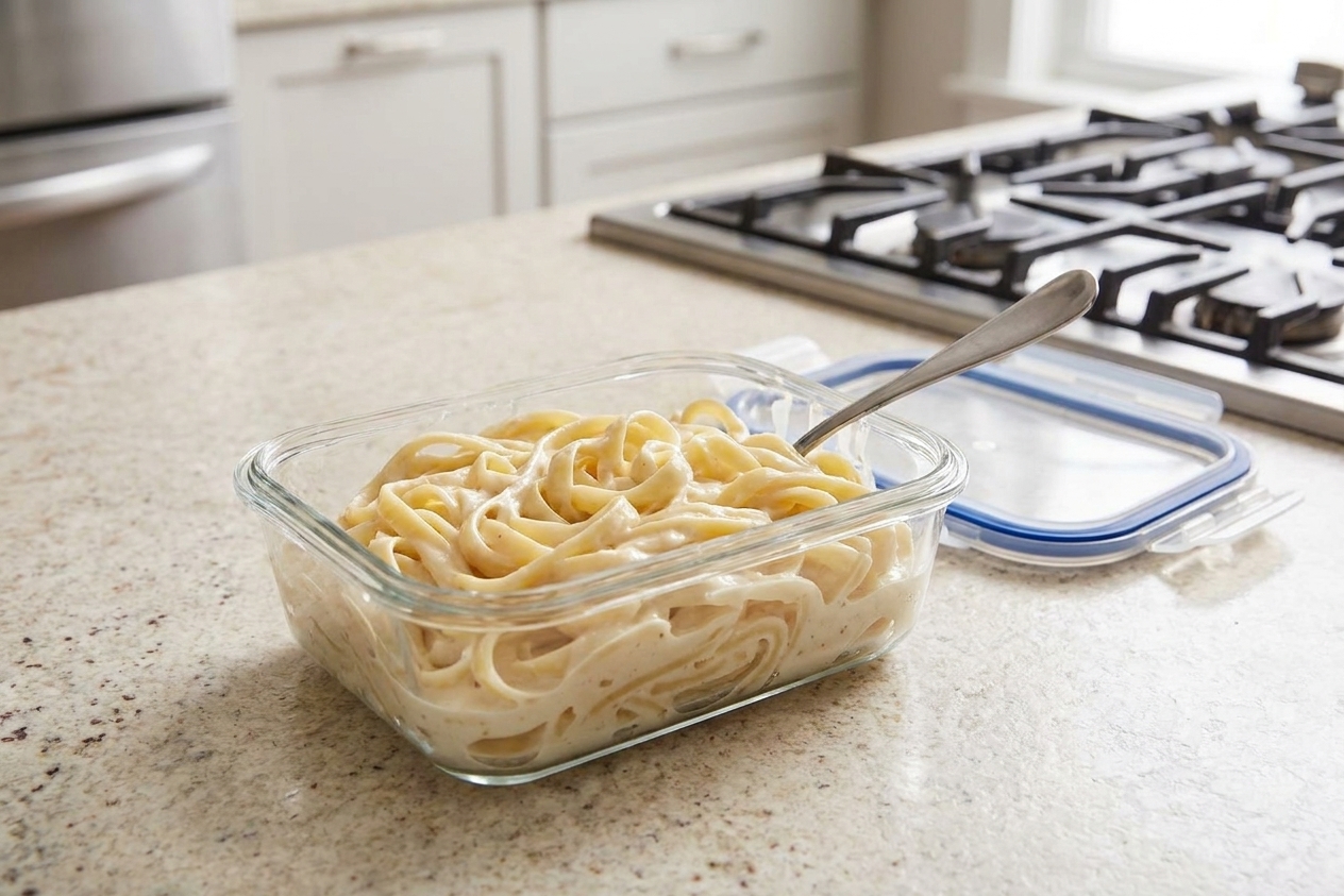 A glass meal prep container filled with leftover creamy Alfredo-style pasta on a kitchen counter with a spoon and lid nearby