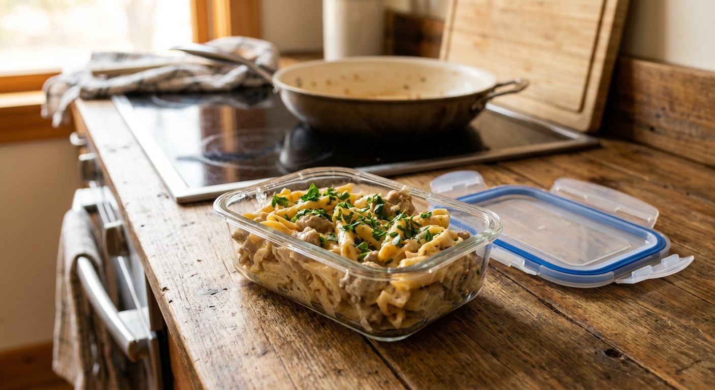 A glass meal prep container filled with leftover creamy sausage pasta, lid set beside it on a kitchen counter