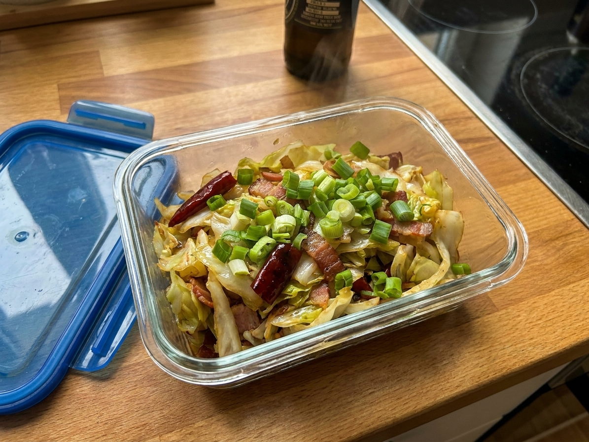A glass meal prep container filled with leftover cabbage stir-fry, topped with green onions, sitting on a kitchen counter next to a lid
