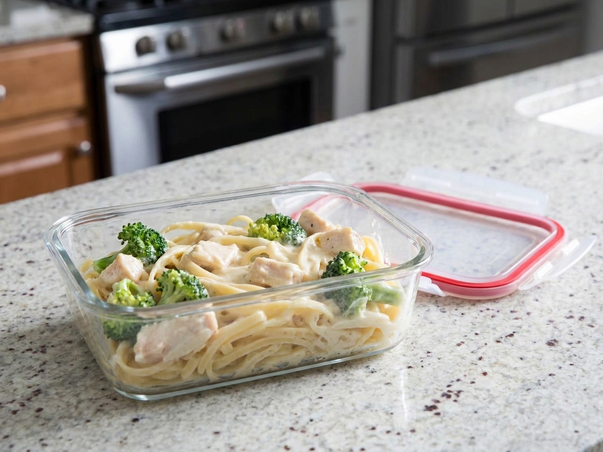 A glass meal prep container filled with leftover chicken and broccoli Alfredo, lid set next to it on a kitchen counter