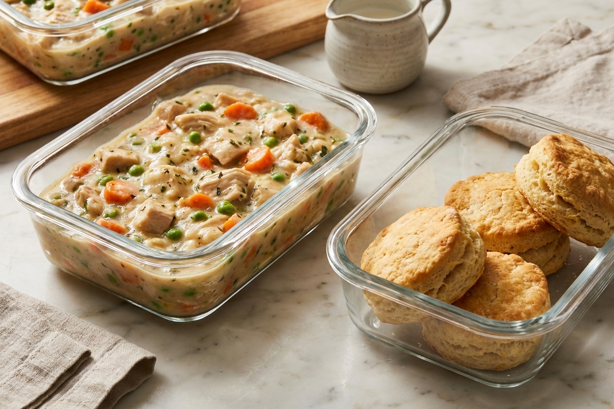 A glass meal prep container filled with leftover chicken pot pie filling and a separate container holding biscuits on a kitchen counter