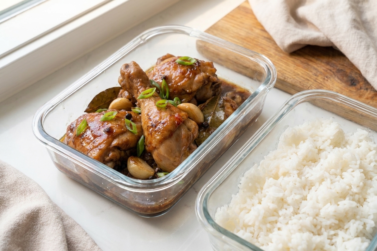 A glass meal prep container filled with leftover chicken adobo and sauce next to a container of steamed rice on a kitchen counter